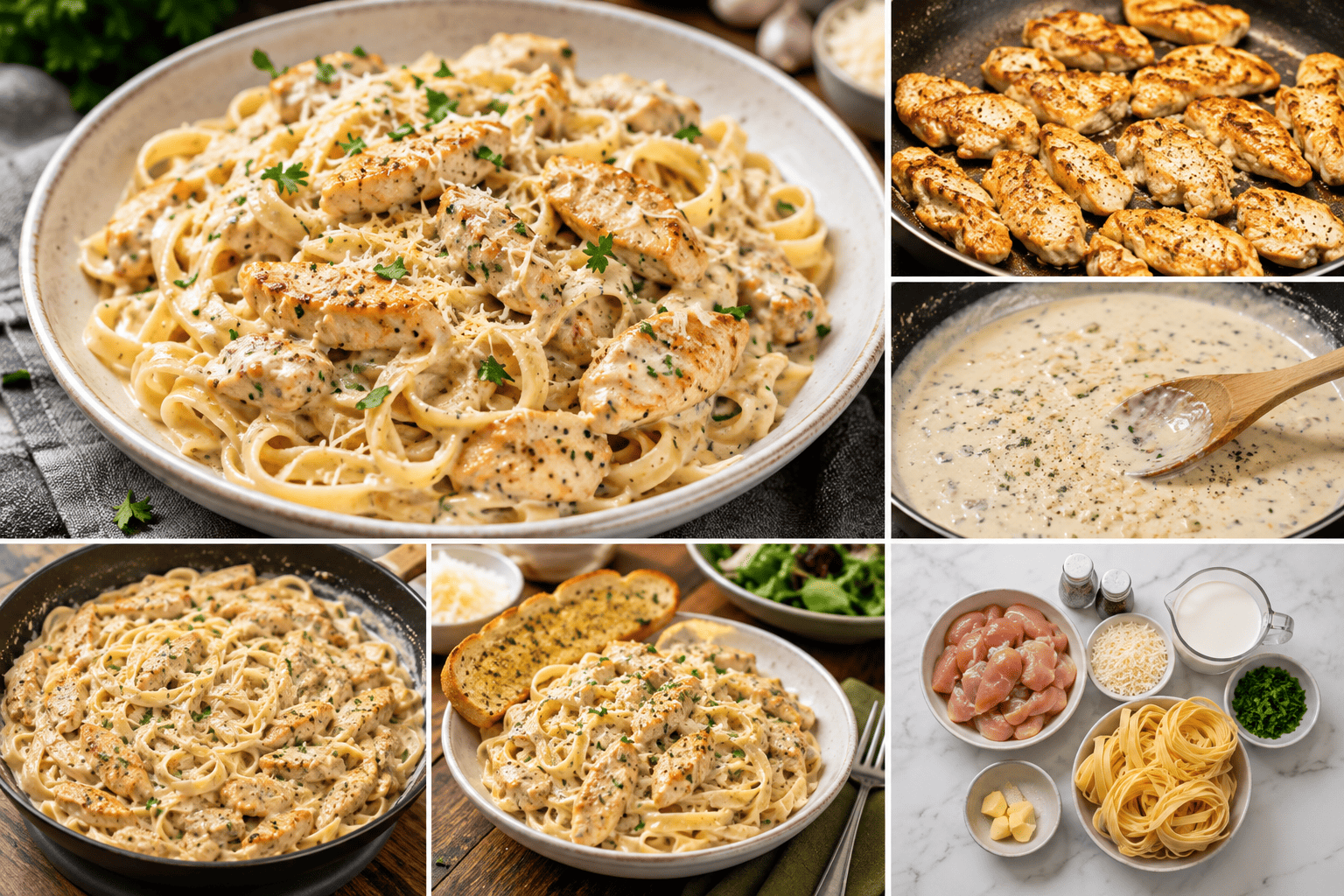 Romerige knoffel-hoenderpasta met goudbruin hoender, parmesaankaas en vars pietersielie