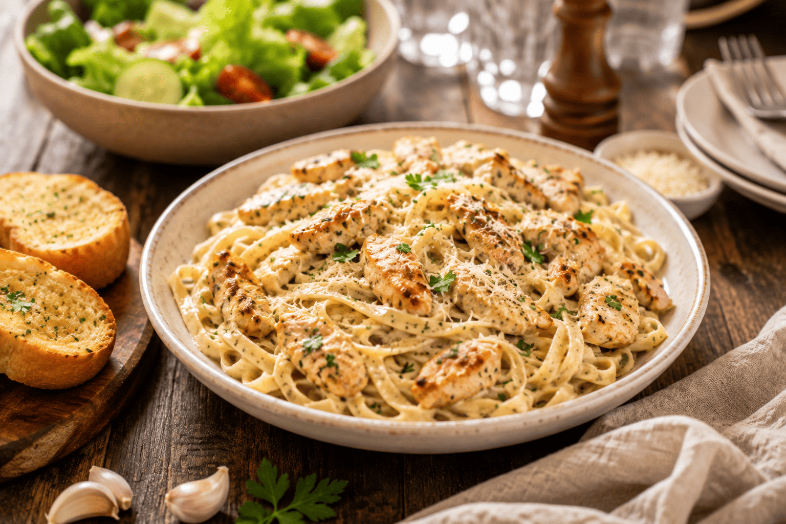 Romerige knoffel-hoenderpasta bedien as 'n maklike familie-aandete met knoffelbrood en vars slaai
