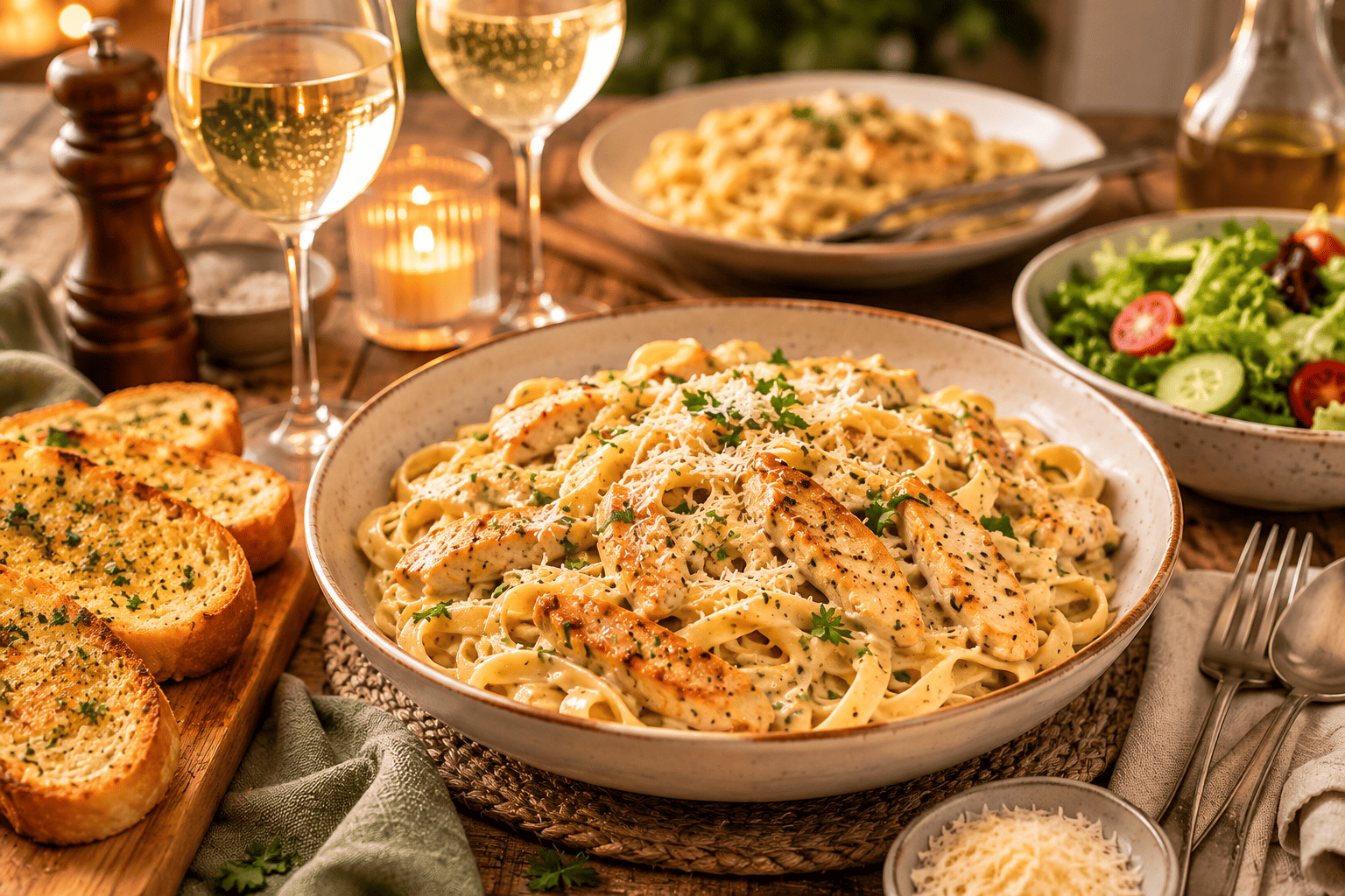 Romerige knoffel-hoenderpasta met parmesaankaas en vars kruie
